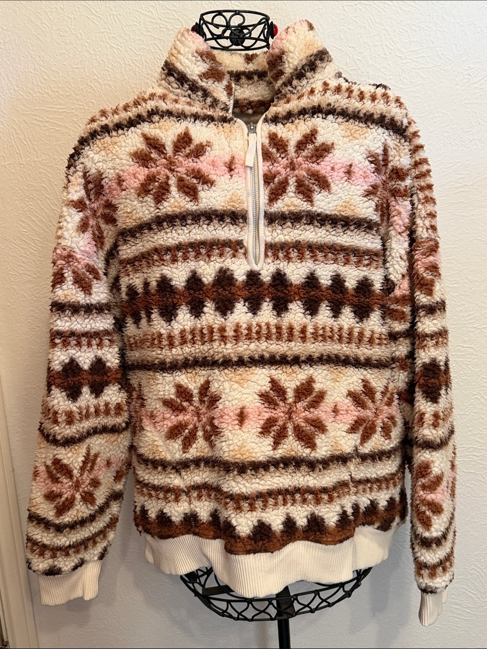 ๐๐๐BOGOHO๐๐๐Arie Cozy Cream and Brown Sherpa Quarter-Zip Sweater -Large